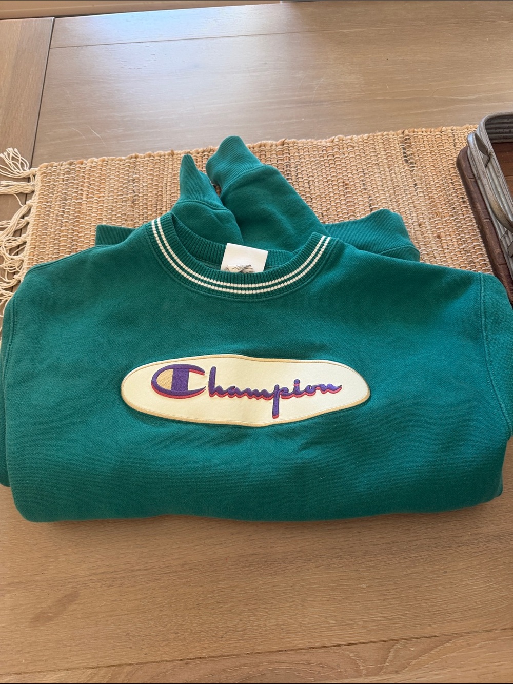 Champion Green Crewneck Sweatshirt with Cream Logo Patch